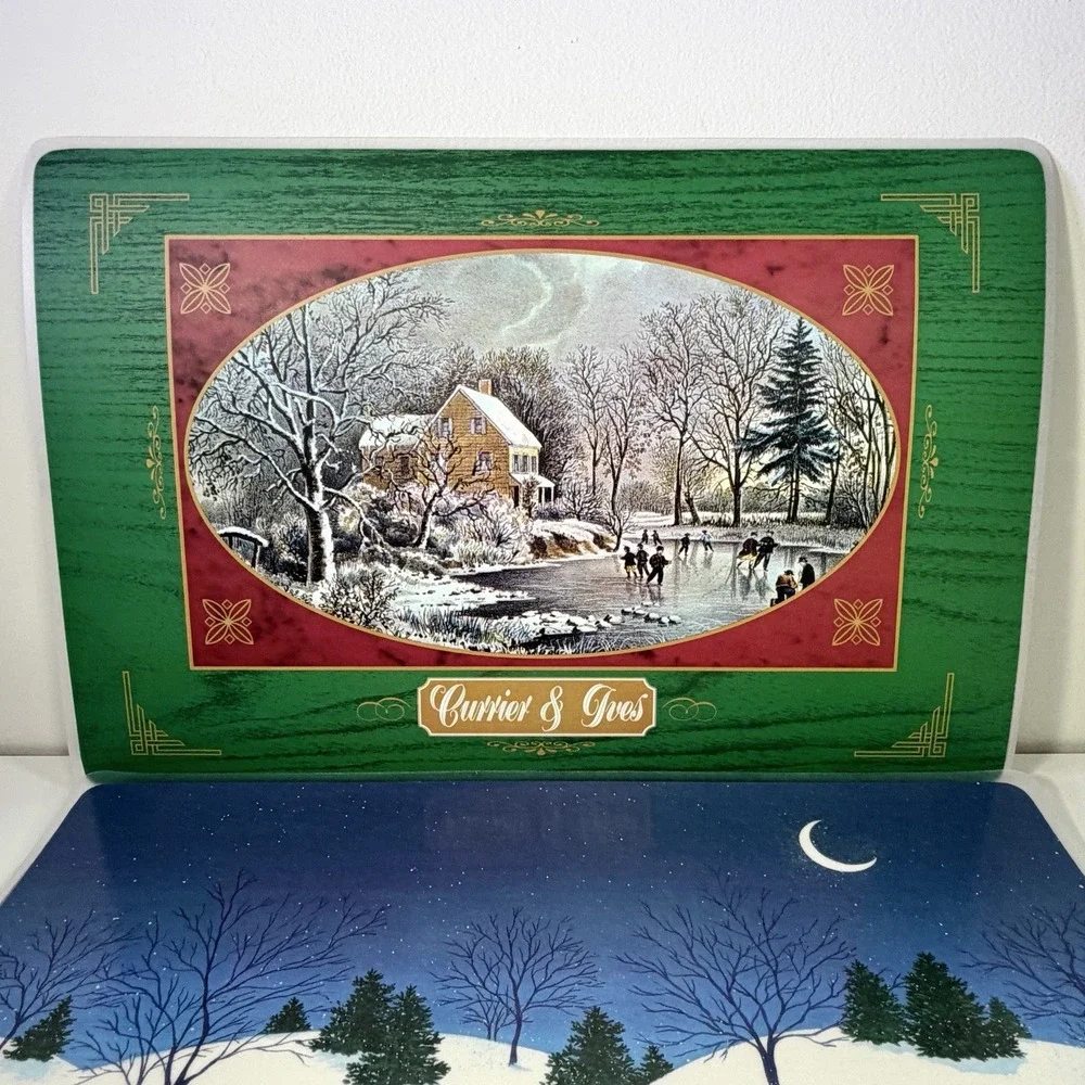 VTG Bright of America Currier & Ives Christmas Placemats Reversible USA Set/4
